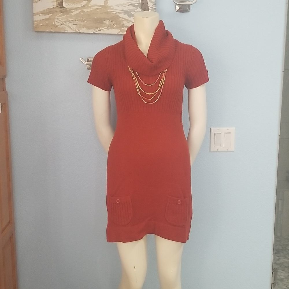 Body Central burnt orange sweater dress with necklace.